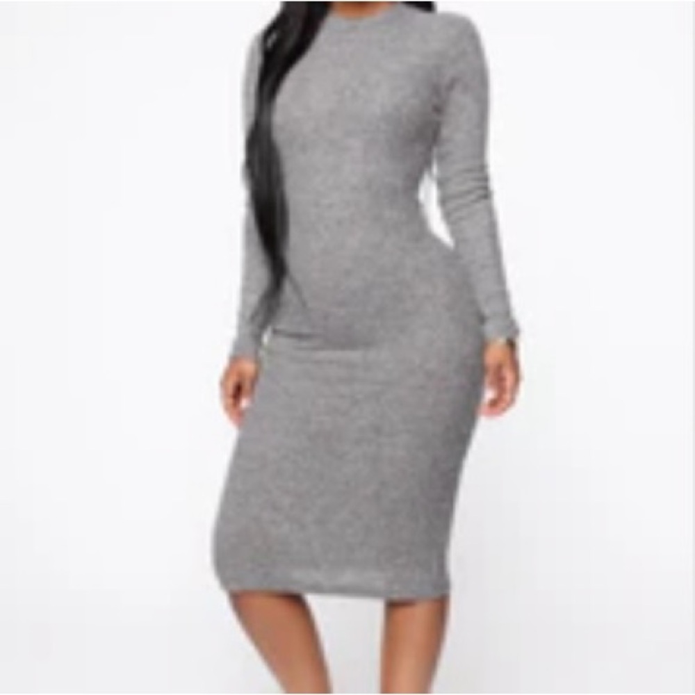 Fashion Nova Golden Hour Ribbed Midi Dress - Size Small | Color: Heather Grey